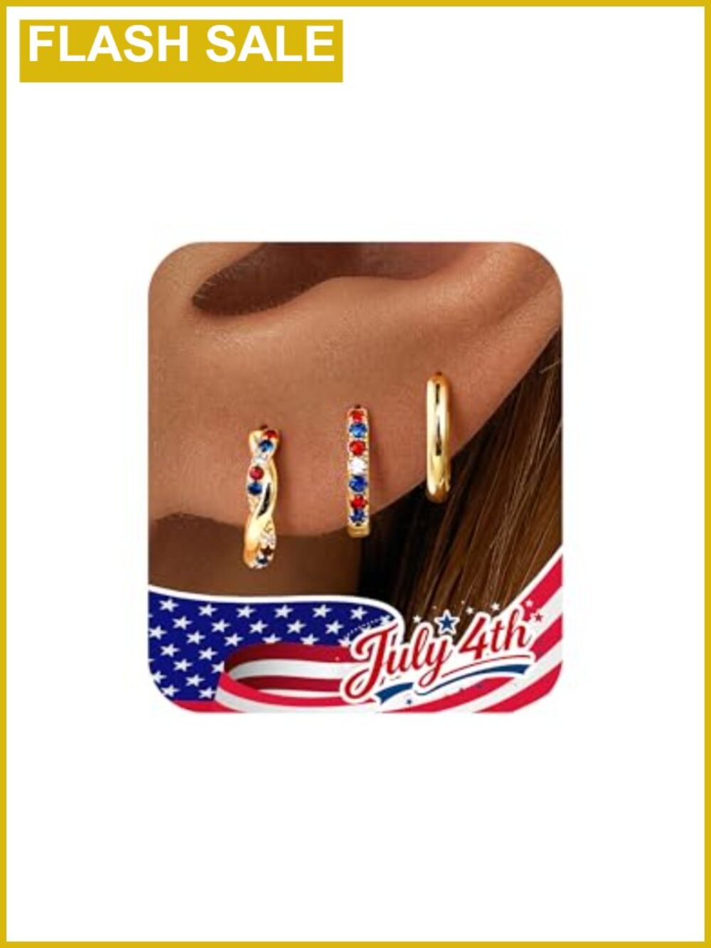14K Gold Plated Patriotic Flag Huggie Hoop Earrings Set 4th of July